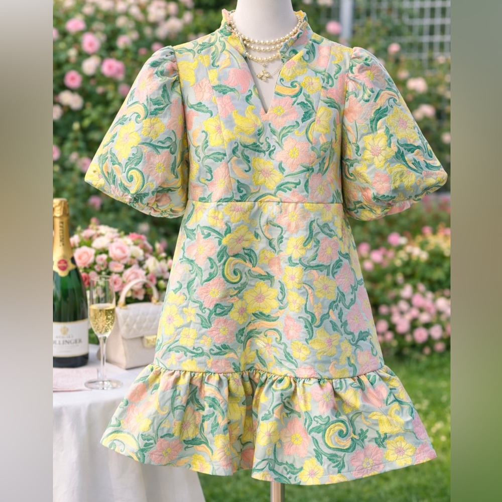 Floral Brocade Puff-Sleeve Mini Dress in Pastel Yellow & Pink